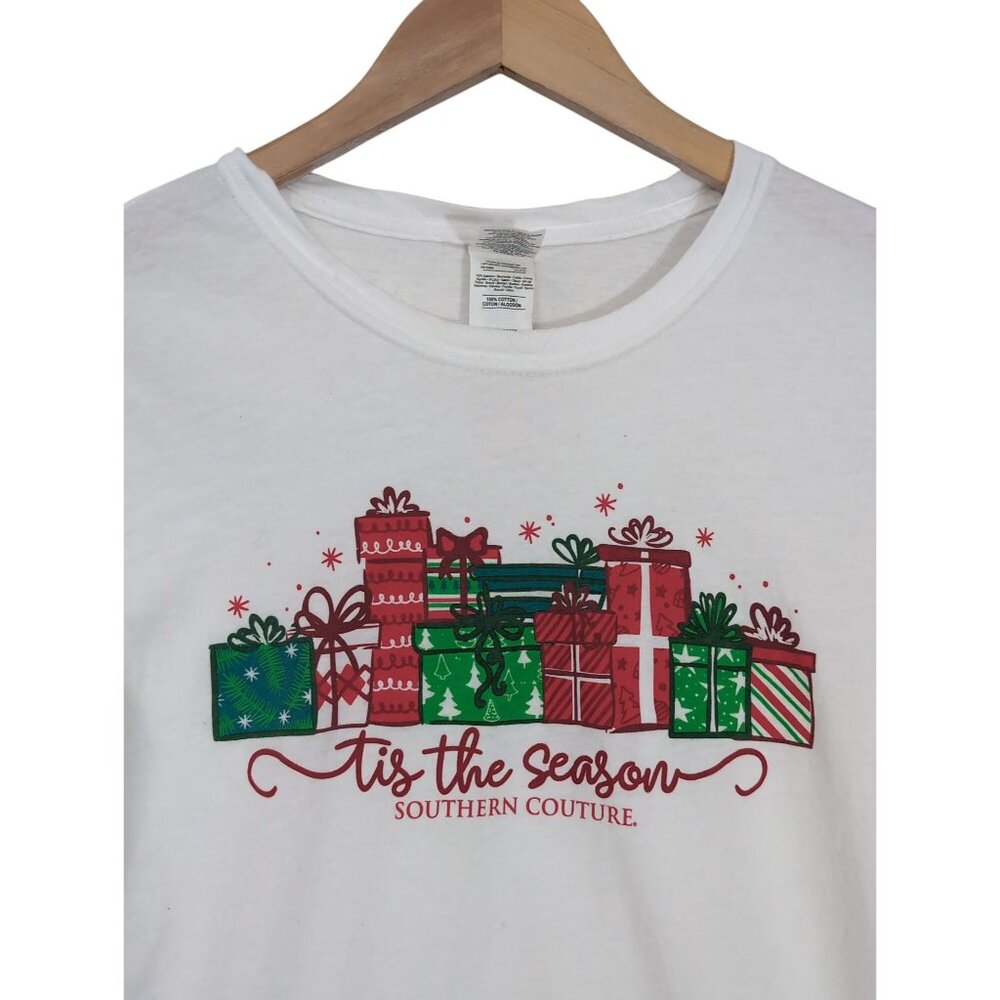 Southern Couture Christmas‎ Long Sleeve T-Shirt Womens S White Tis The Season